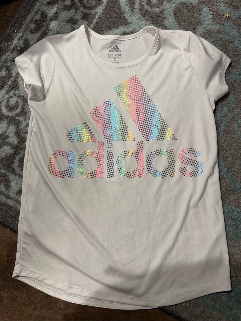 adidas White Tee with Pastel Multicolor Logo